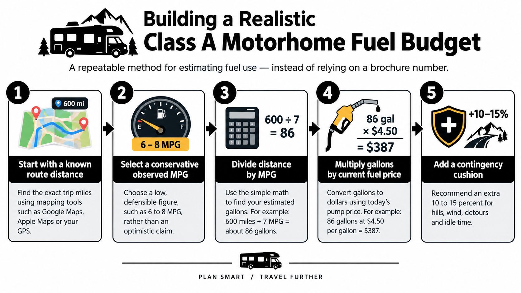 A five-step infographic explaining how to calculate a realistic fuel budget for a Class A motorhome trip.