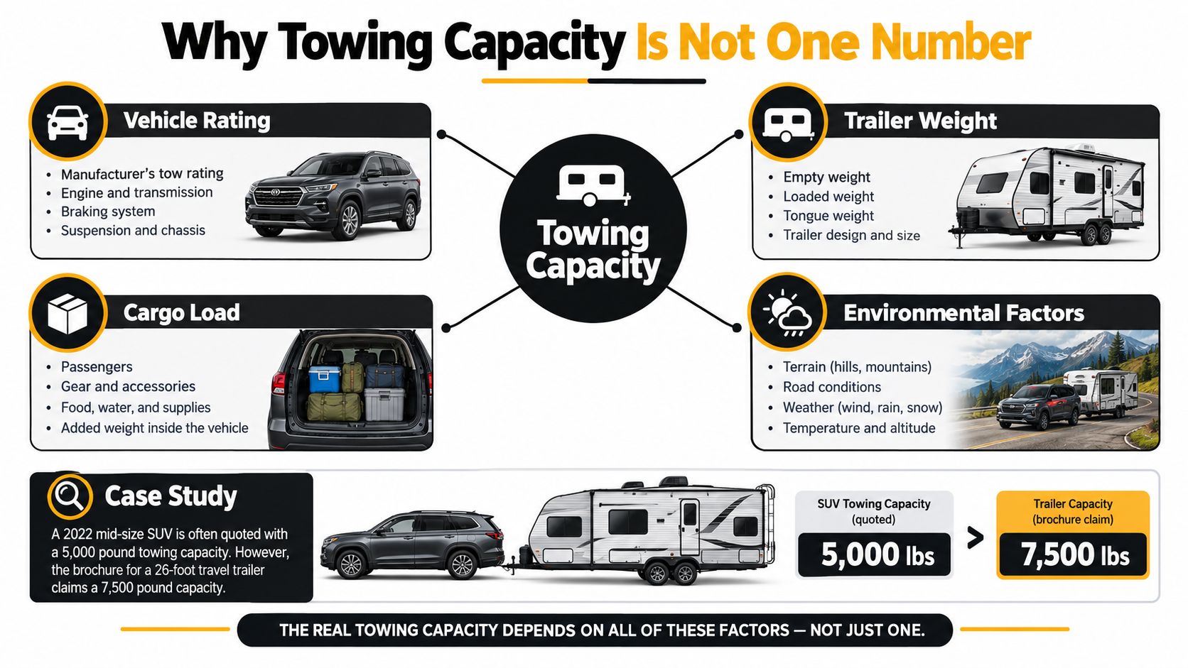 An infographic explaining that vehicle towing capacity depends on multiple factors rather than just one number.