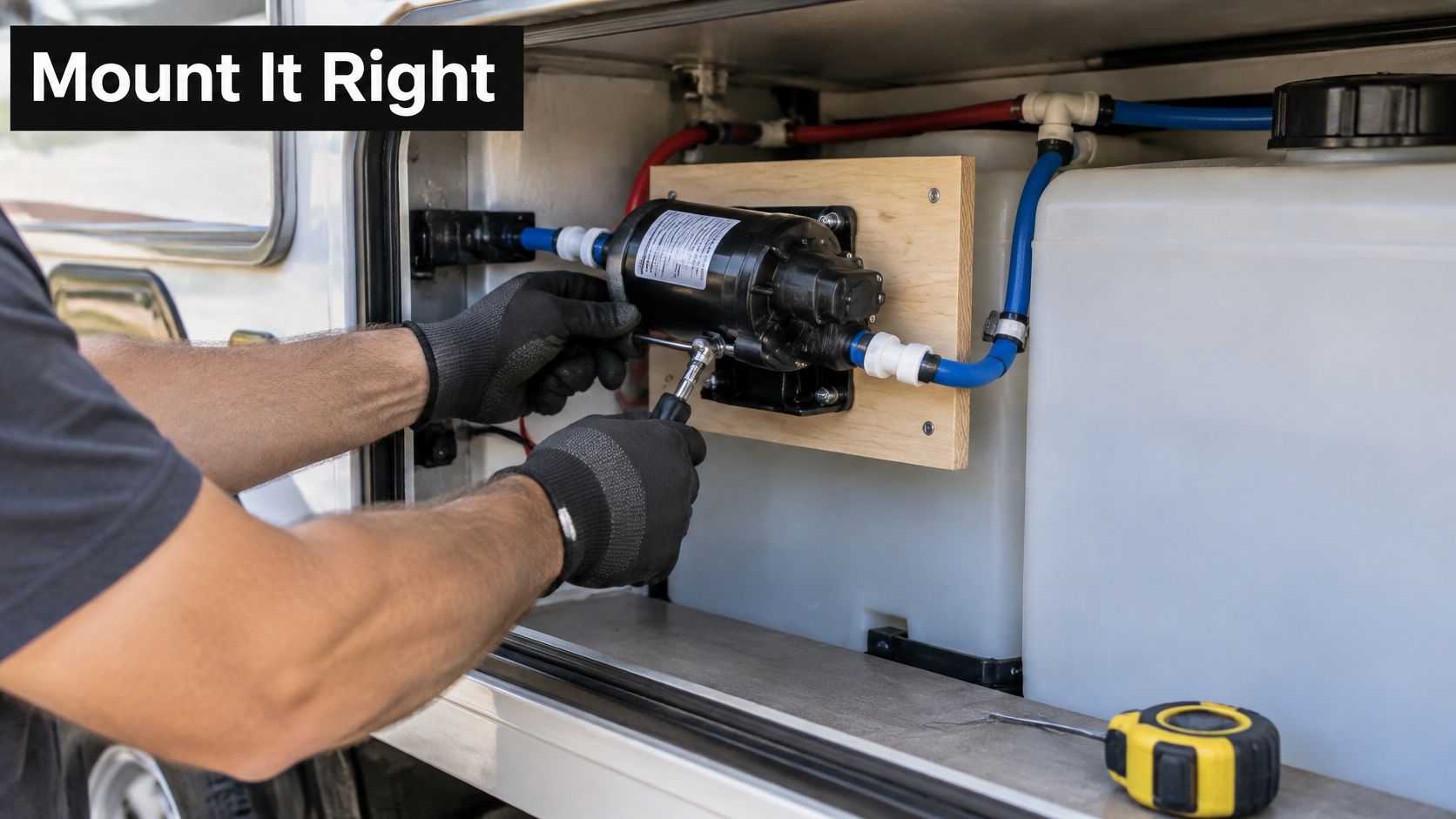 A person wearing protective gloves uses a ratchet tool to install a fresh water pump in an RV.