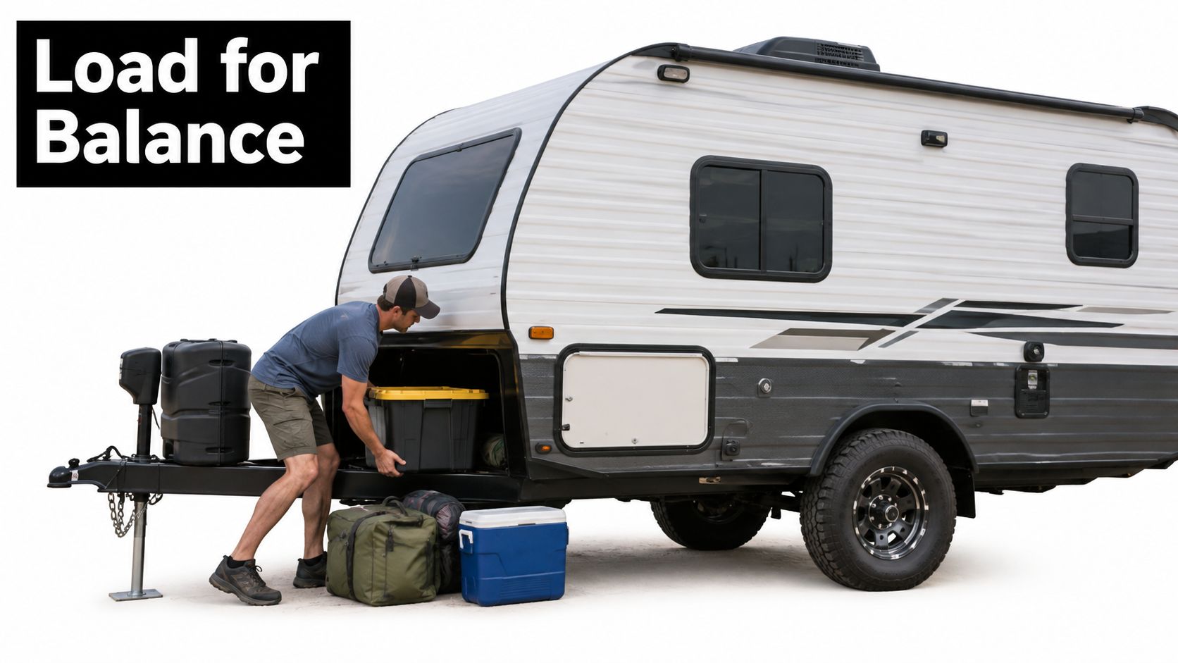 A man packs a storage container into the front compartment of a white and grey travel trailer.