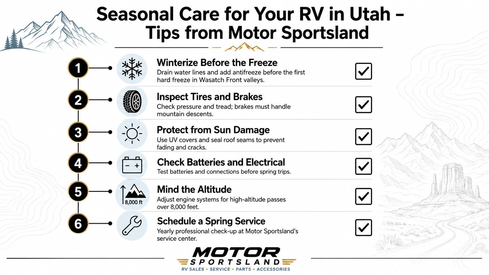 An infographic titled Seasonal Care for Your RV in Utah with six maintenance tips for RV owners.