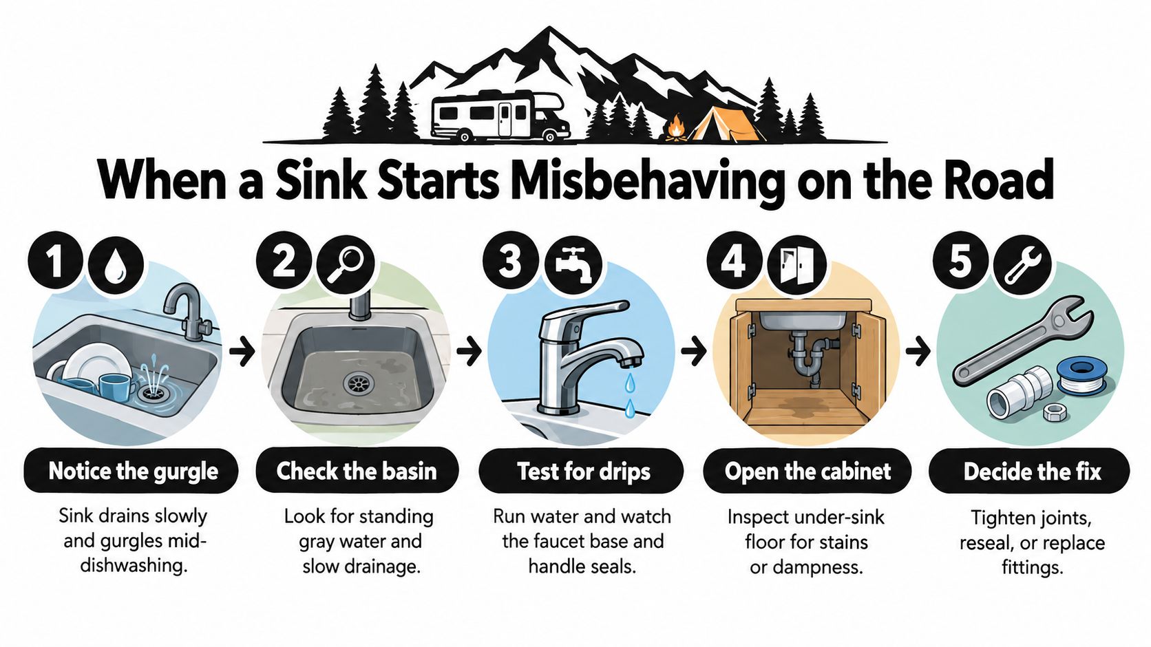 A step-by-step infographic illustrating five diagnostic steps for identifying and fixing common RV sink plumbing problems.