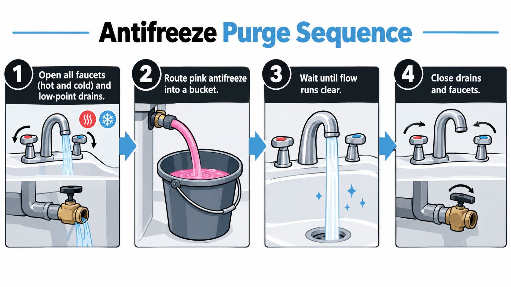 A four-step infographic showing the sequence for purging antifreeze from an RV water system.