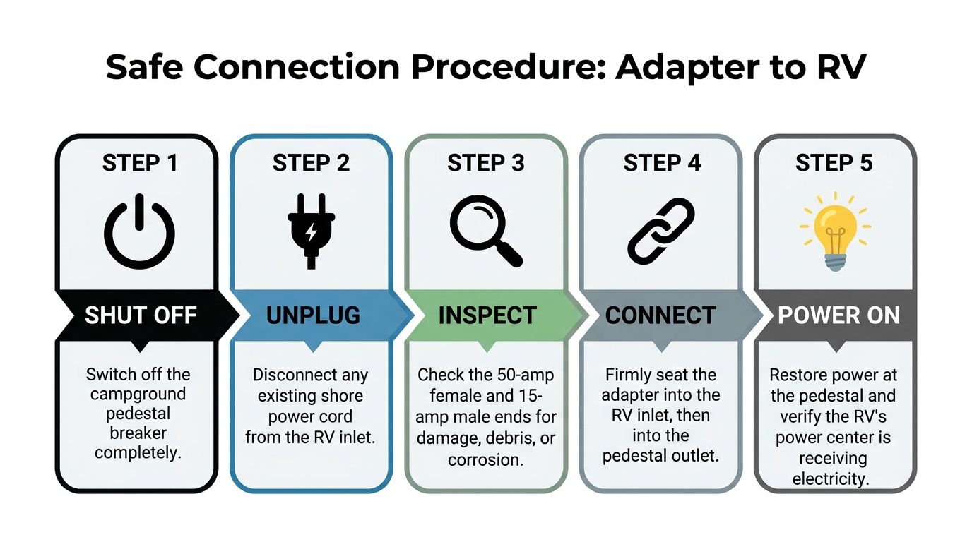 A five-step instructional guide on the safe procedure for connecting an adapter to an RV.