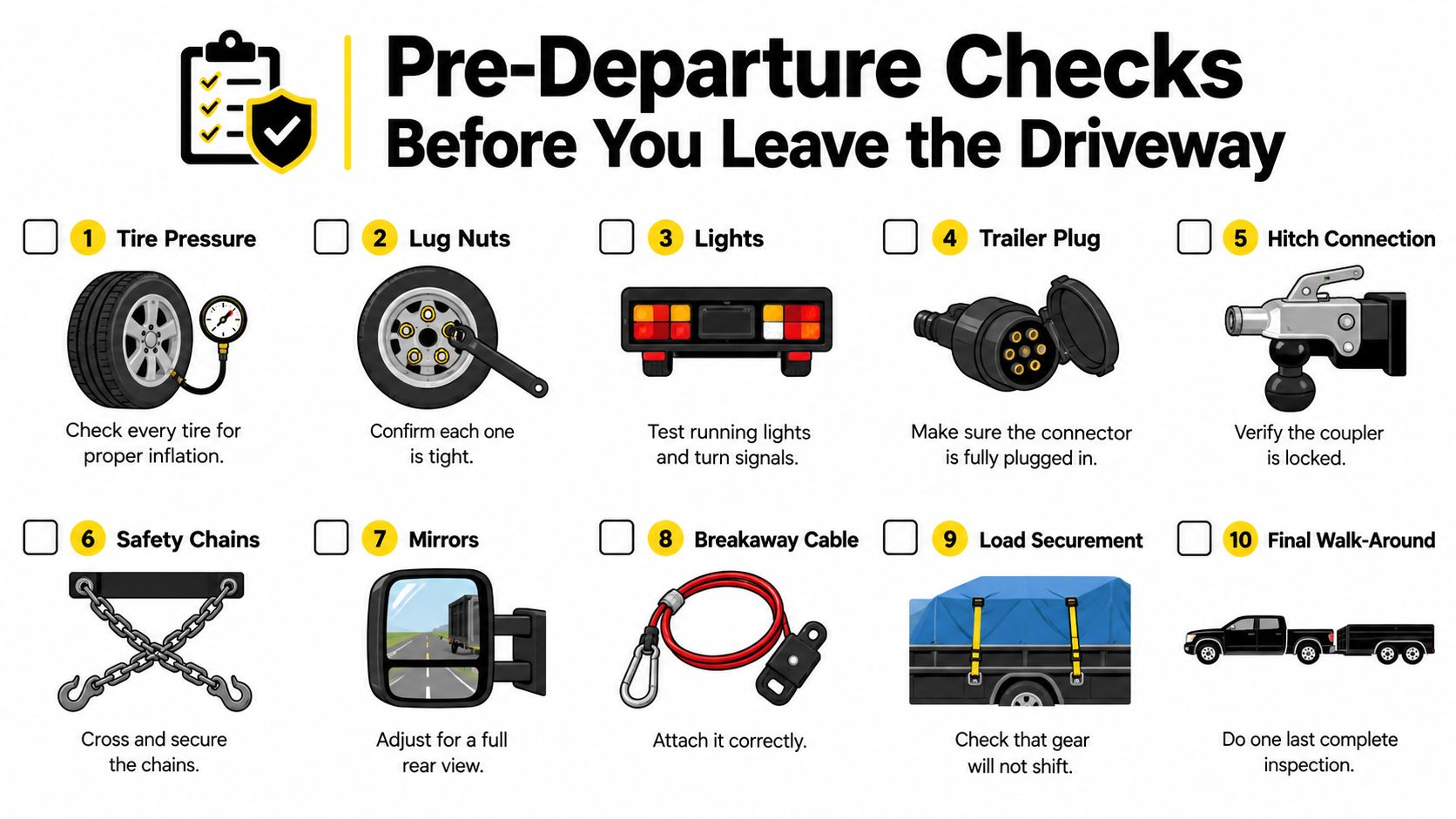 A ten-point infographic checklist for performing safety inspections before towing a camping trailer or vehicle.