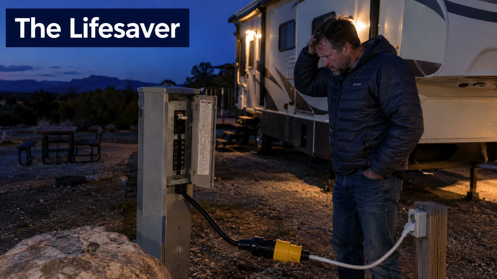 A concerned man stands next to a recreational vehicle while connecting an electrical adapter to a power pedestal.