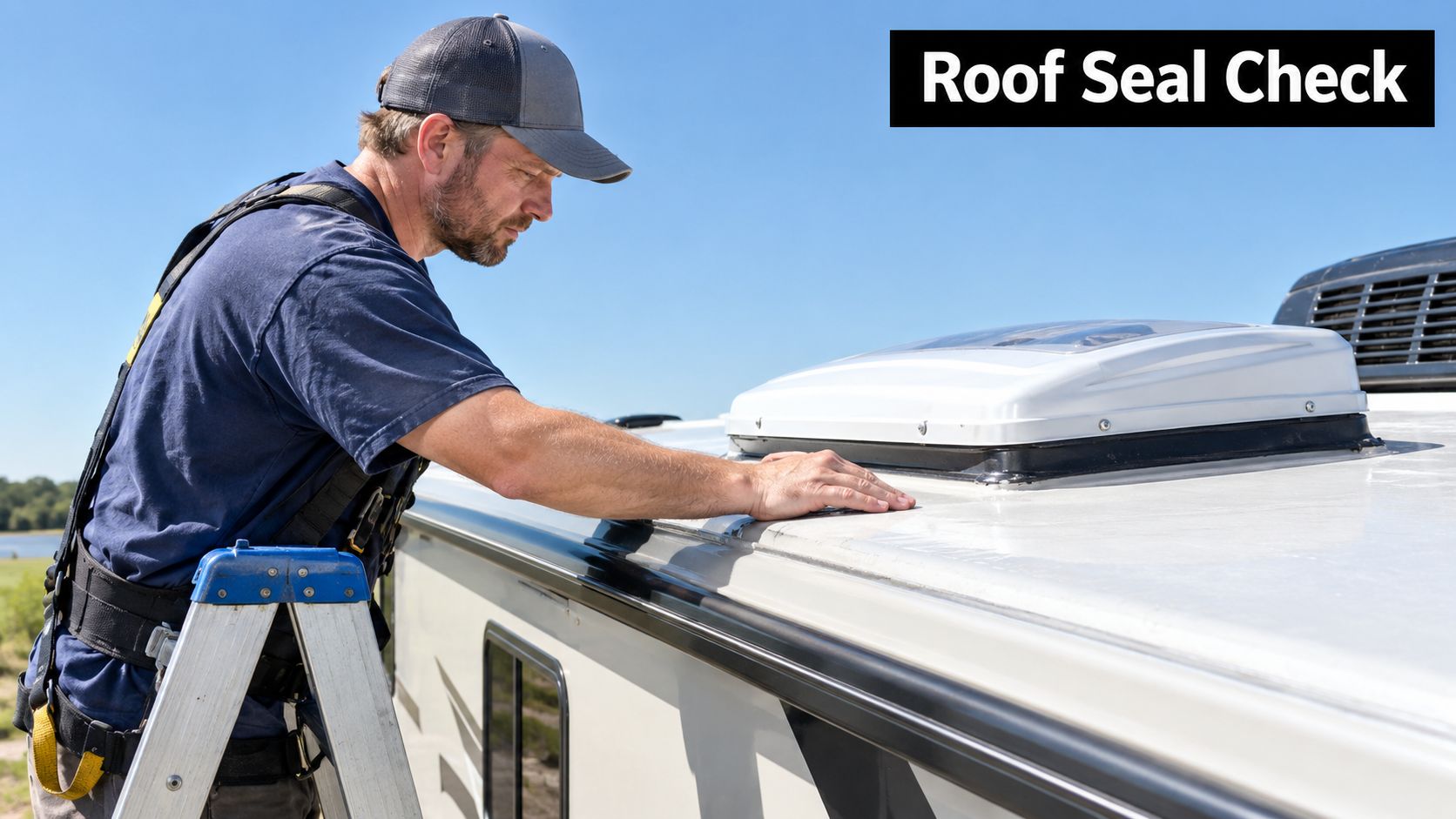 A technician wearing a safety harness on a ladder inspects the roof seal of a travel trailer.