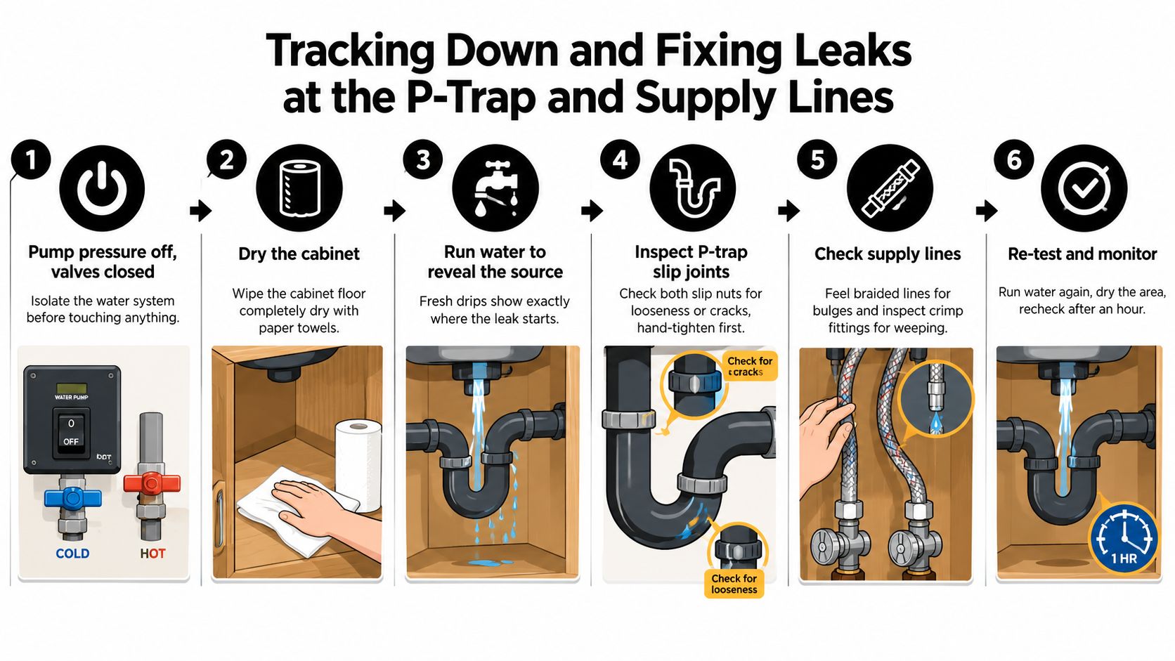 An infographic showing six steps for identifying and fixing water leaks under an RV sink cabinet.