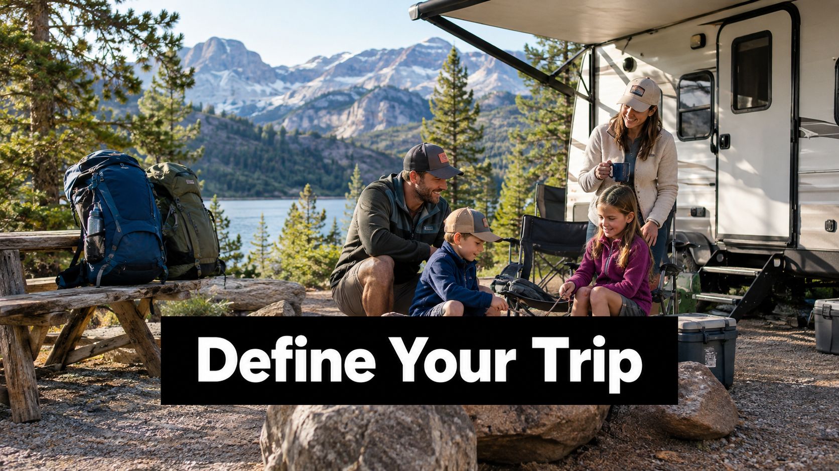 A happy family camping in front of their travel trailer near a lake and mountain range.