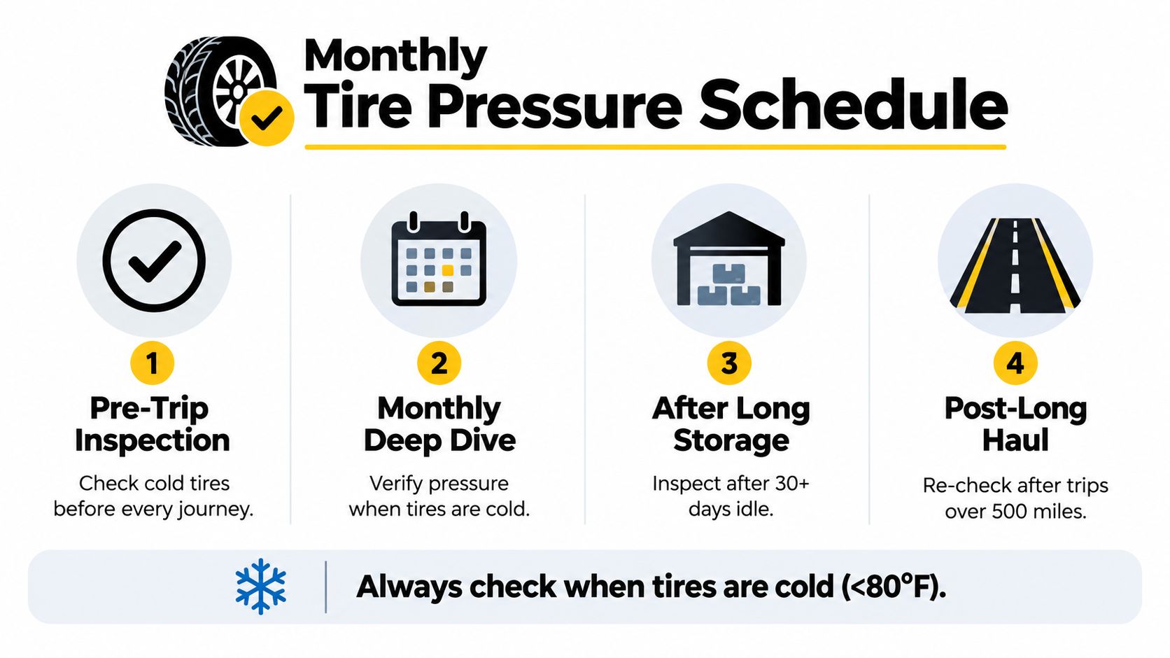 A four-step checklist graphic illustrating the recommended schedule for checking vehicle tire pressure to ensure safety.