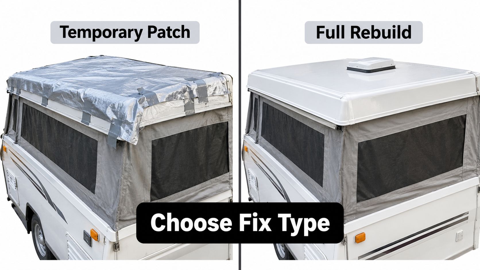 A side-by-side comparison showing a damaged pop up camper roof with a temporary tarp versus a restored roof.