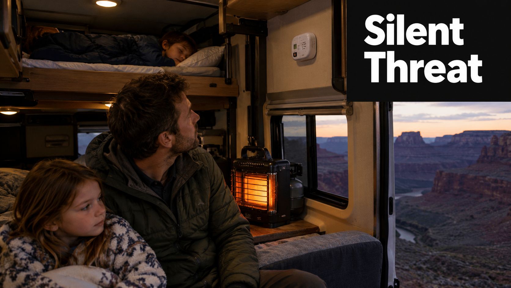A father and his two children inside an RV with a carbon monoxide detector mounted on the wall.