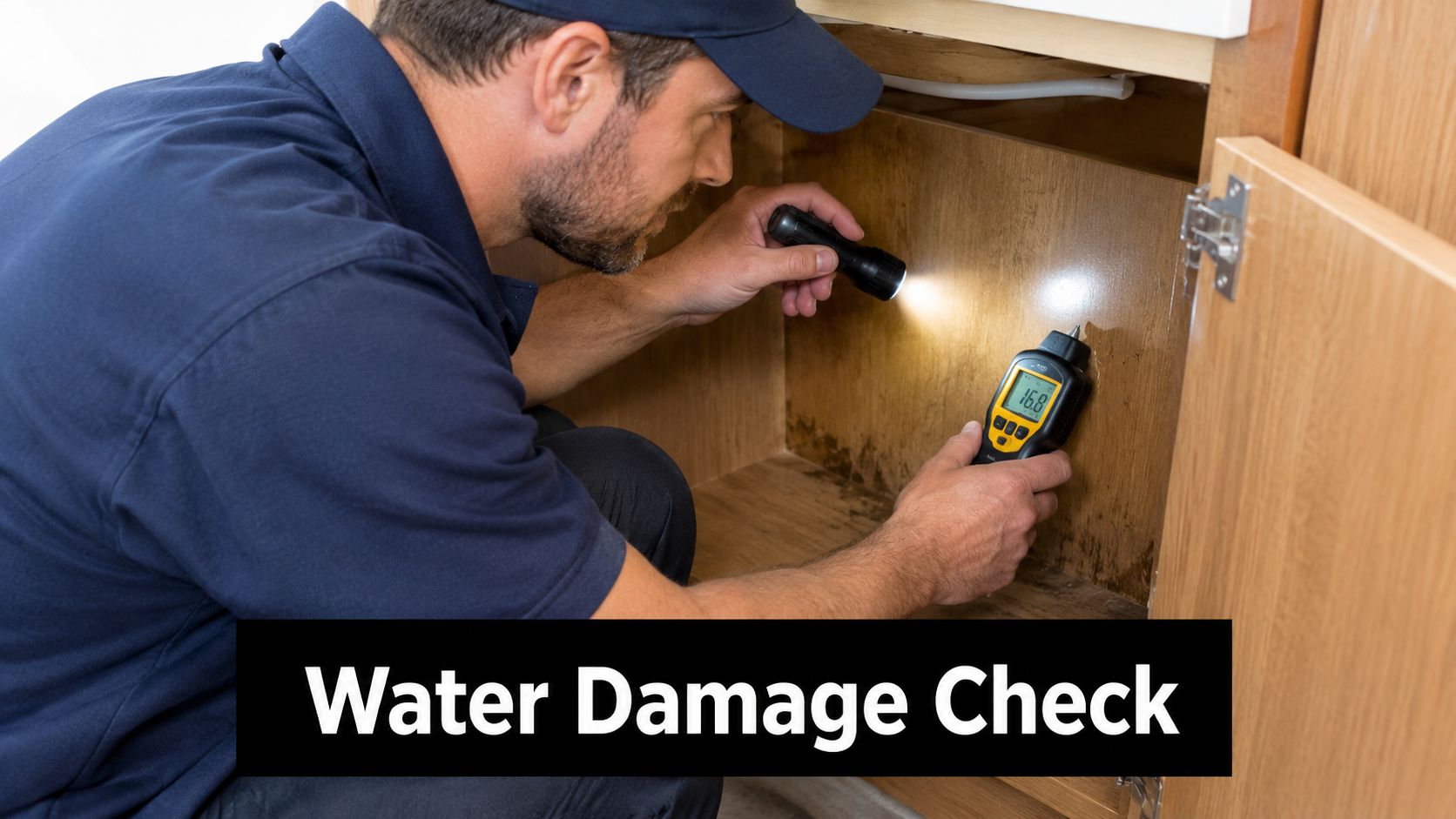 A professional inspector checking for water damage in a wooden cabinet using a moisture meter and flashlight.