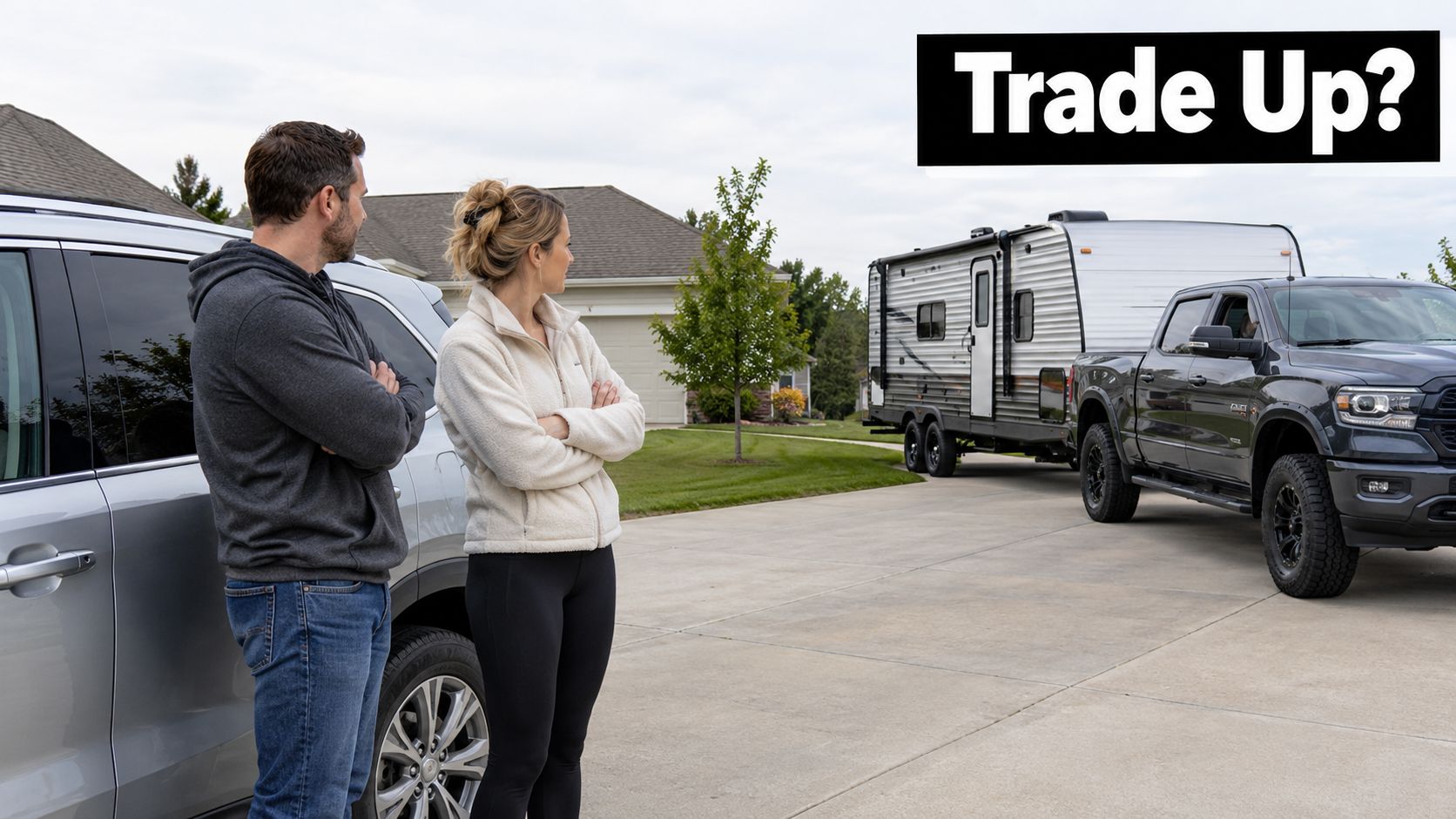 A couple standing next to their vehicle while looking at a pickup truck towing a travel trailer.
