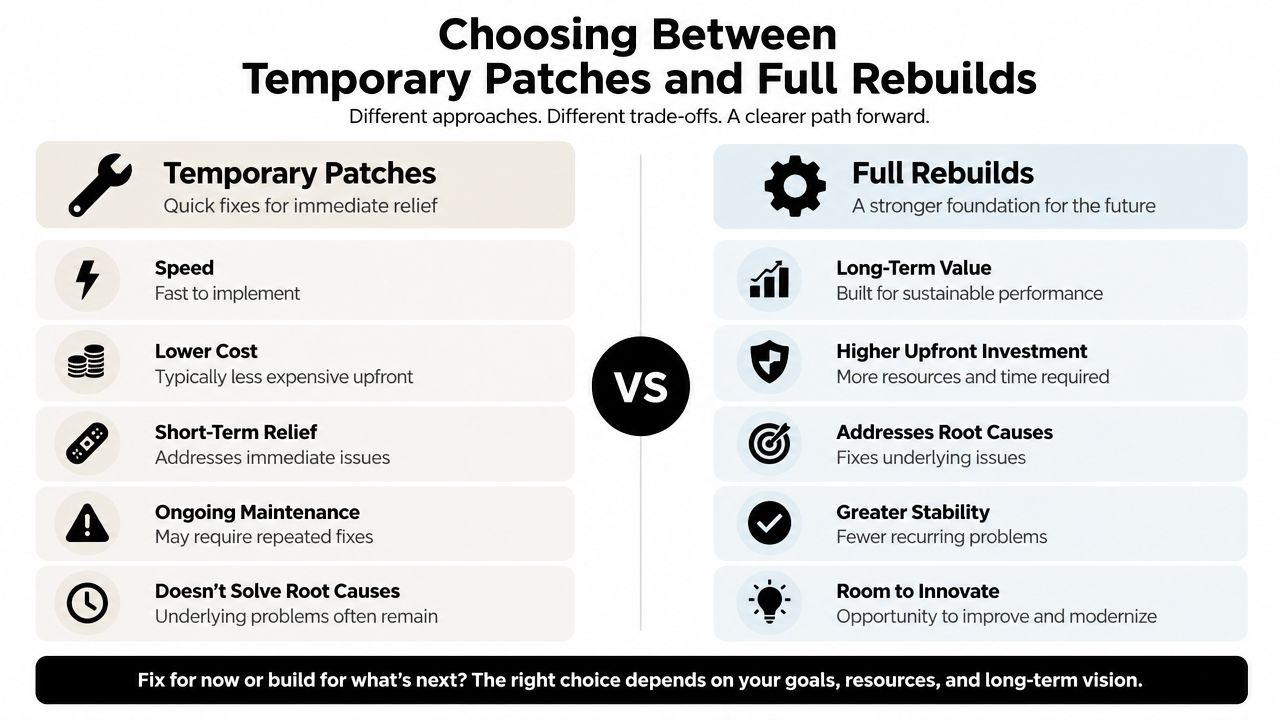 A comparison chart showing the benefits and trade-offs between temporary patches and full rebuilds for systems.