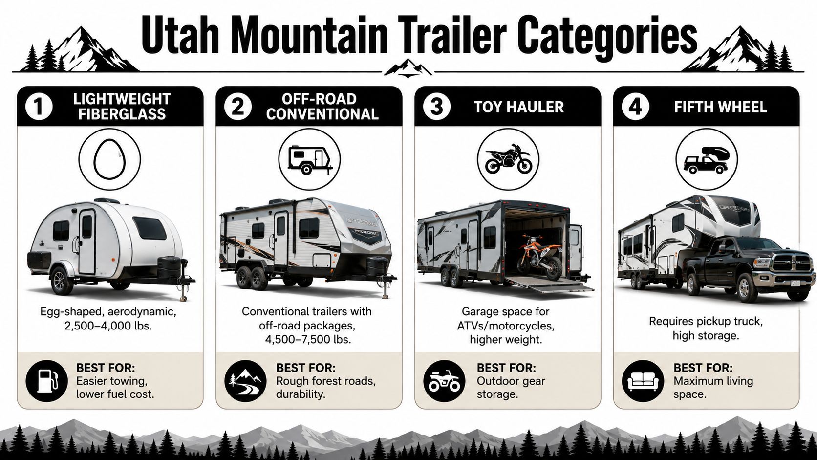 An infographic showing four different categories of mountain travel trailers including their features, weights, and ideal use cases.