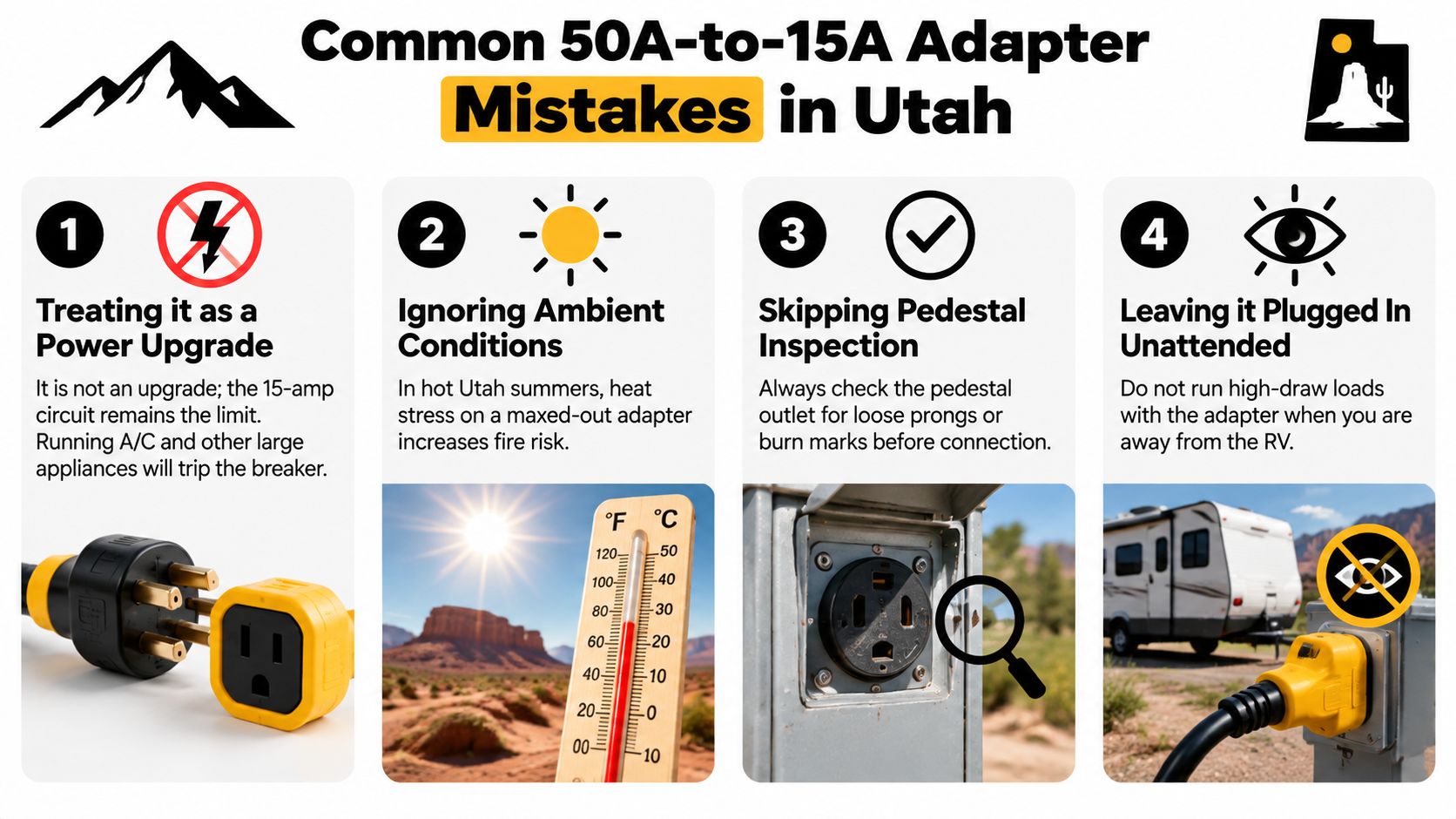 An infographic detailing four common safety mistakes when using a 50 amp to 15 amp electrical adapter.