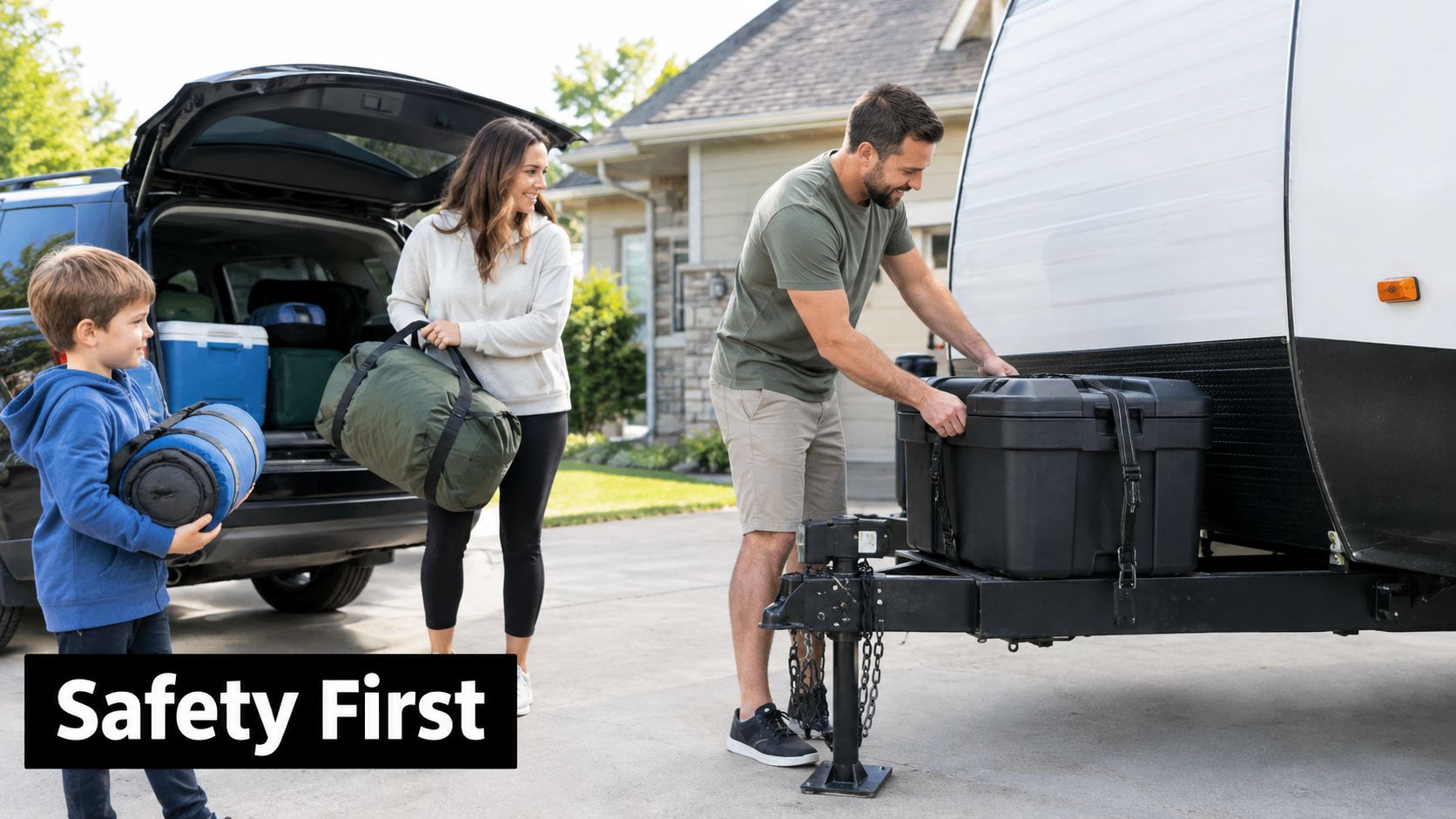 A family preparing for a road trip by packing their SUV and securing equipment to a travel trailer.