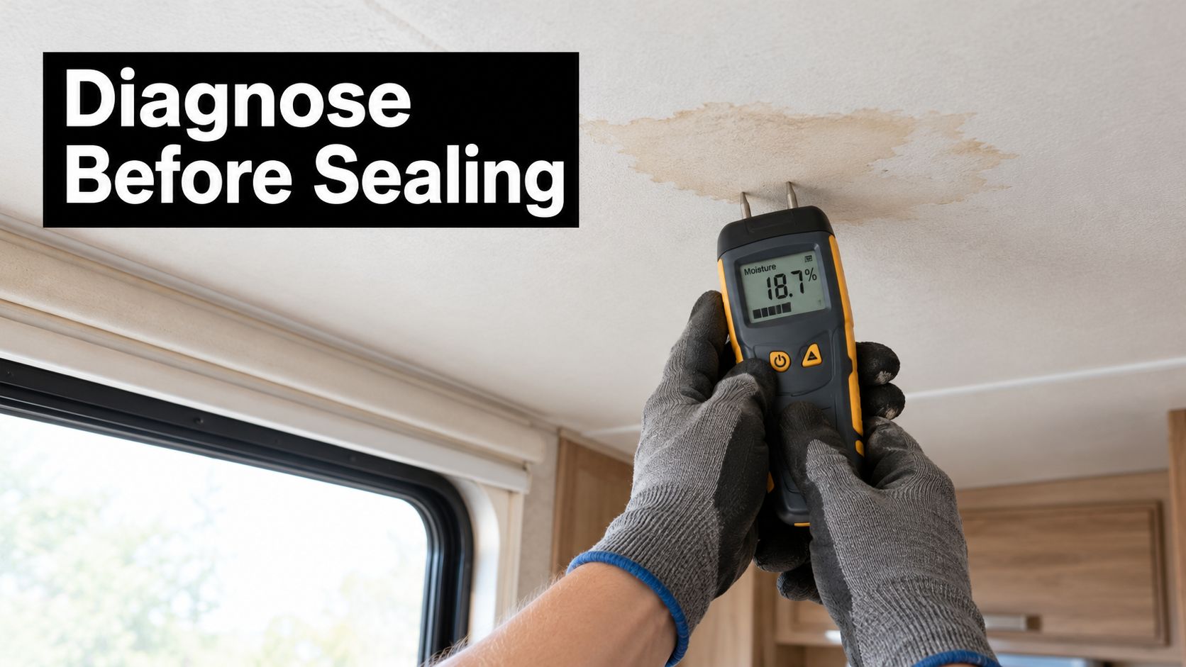 A person using a moisture meter to check for water damage on a travel trailer ceiling.