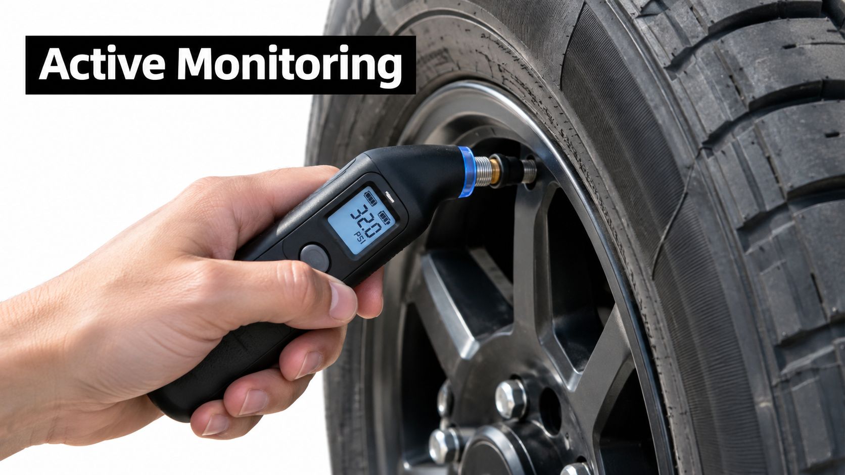 A hand holding a digital tire pressure gauge measuring the pressure of a travel trailer tire.