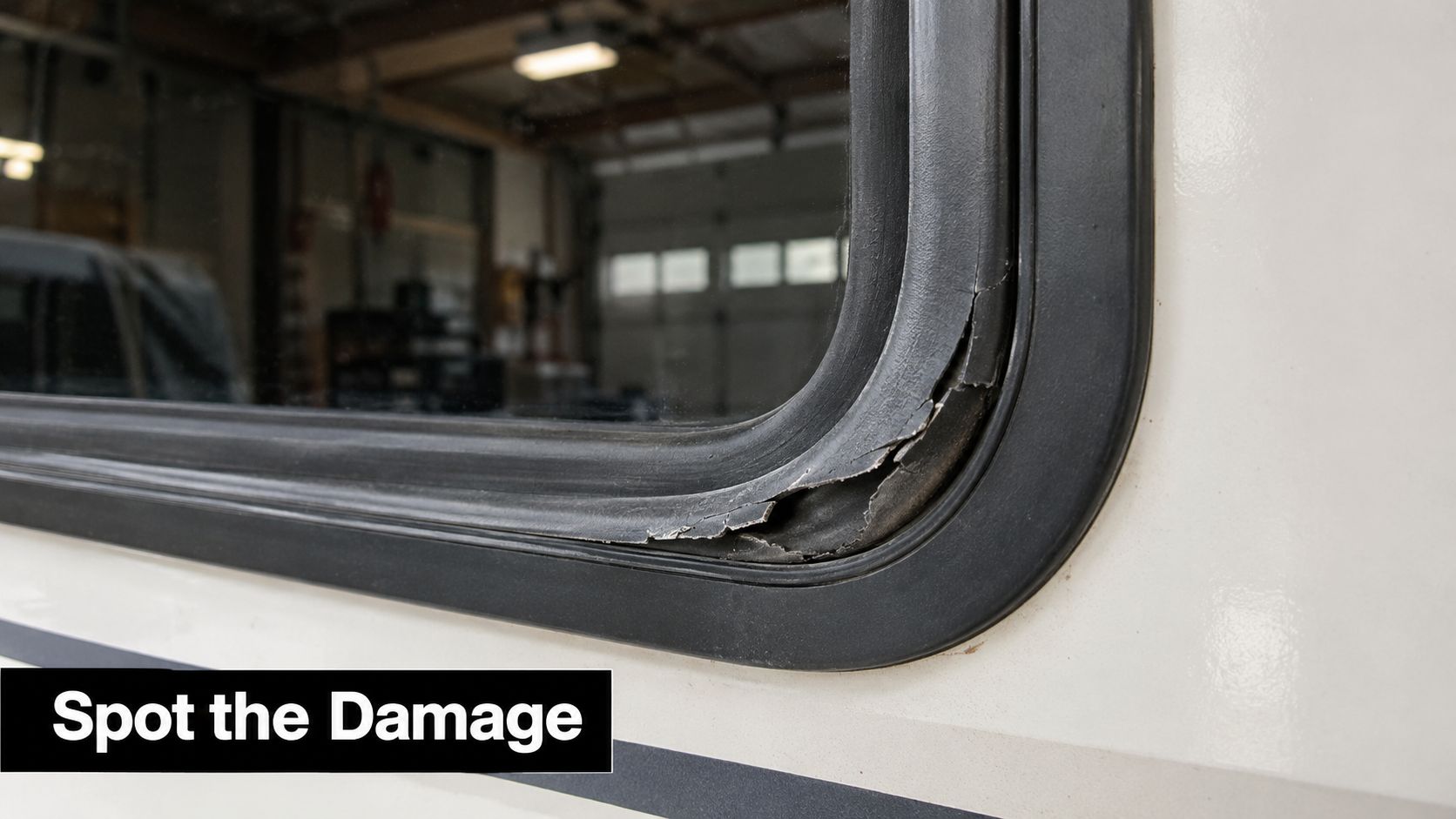 A close-up view of a damaged, cracked black rubber seal around an RV camper window frame.
