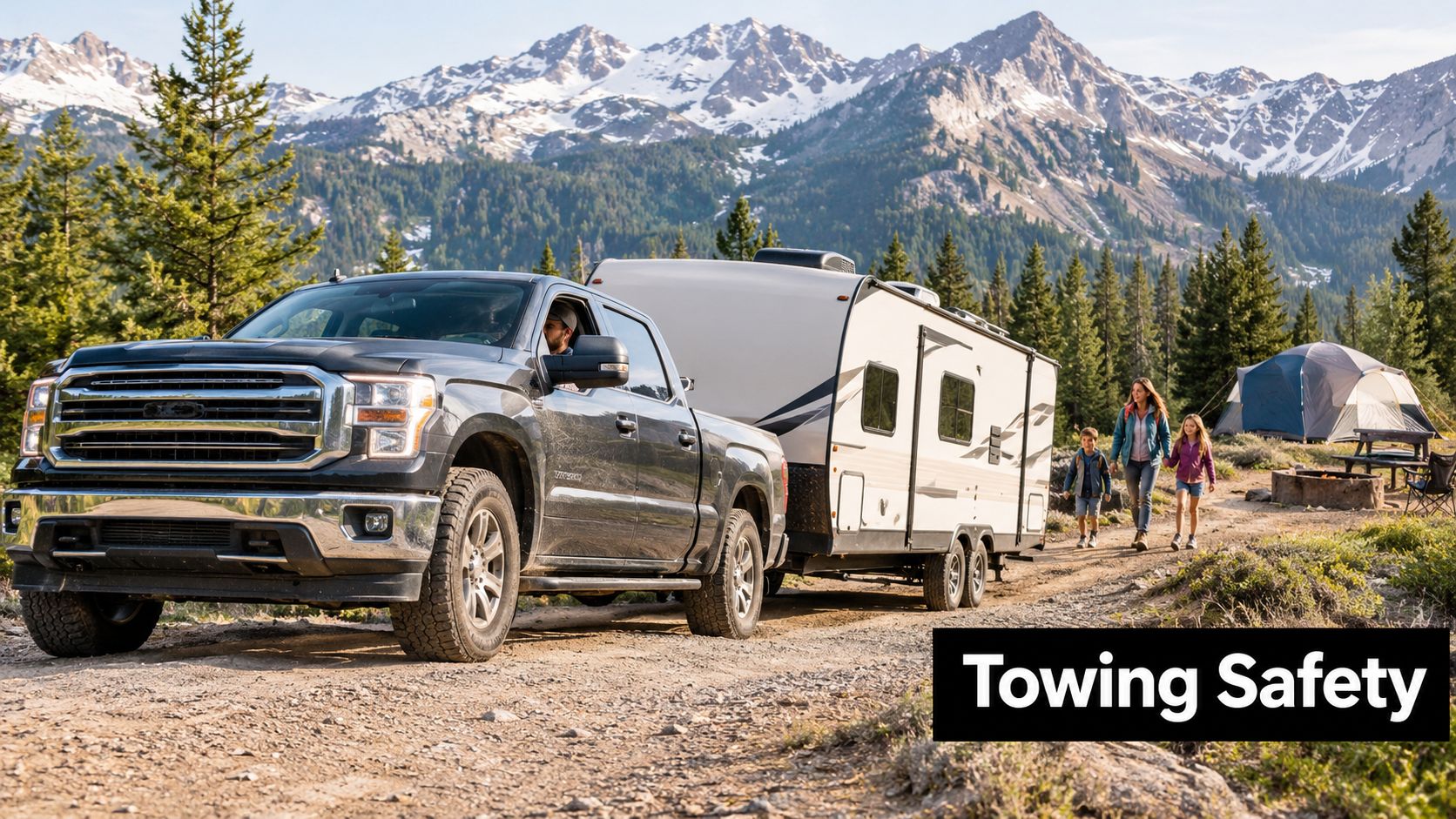 A black pickup truck pulling a travel trailer on a dirt road near a mountain campsite.