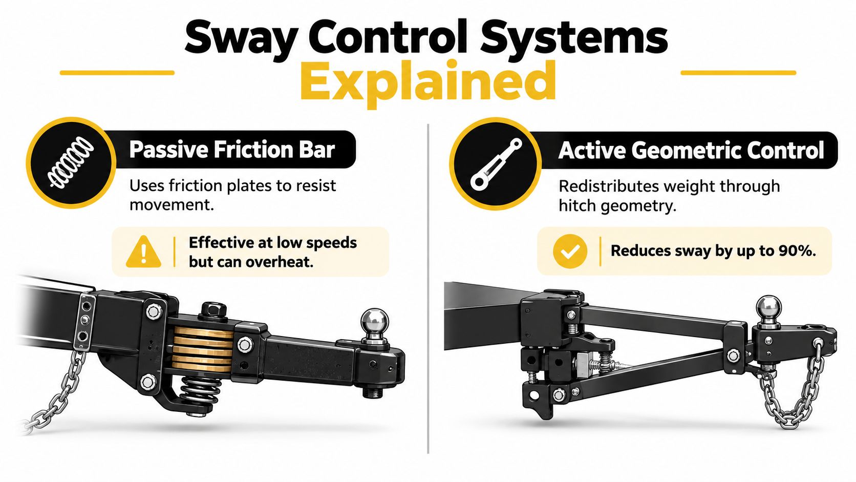 A comparison chart showing passive friction bar and active geometric control systems for travel trailer hitches.