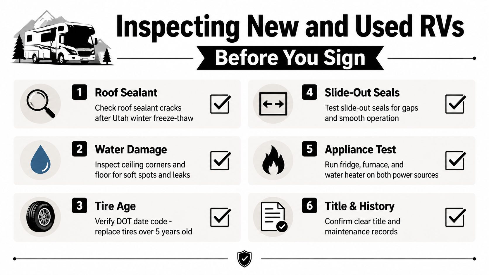 An infographic checklist for inspecting new and used RVs before purchase, highlighting six essential maintenance and safety areas.