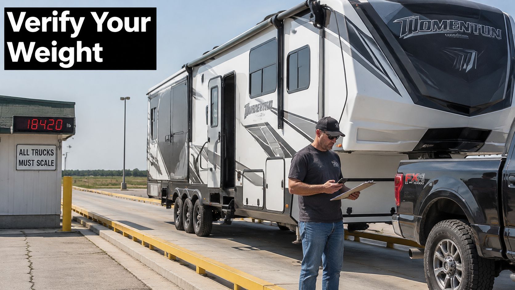 A man stands next to a truck and a large fifth wheel toy hauler on a truck scale.