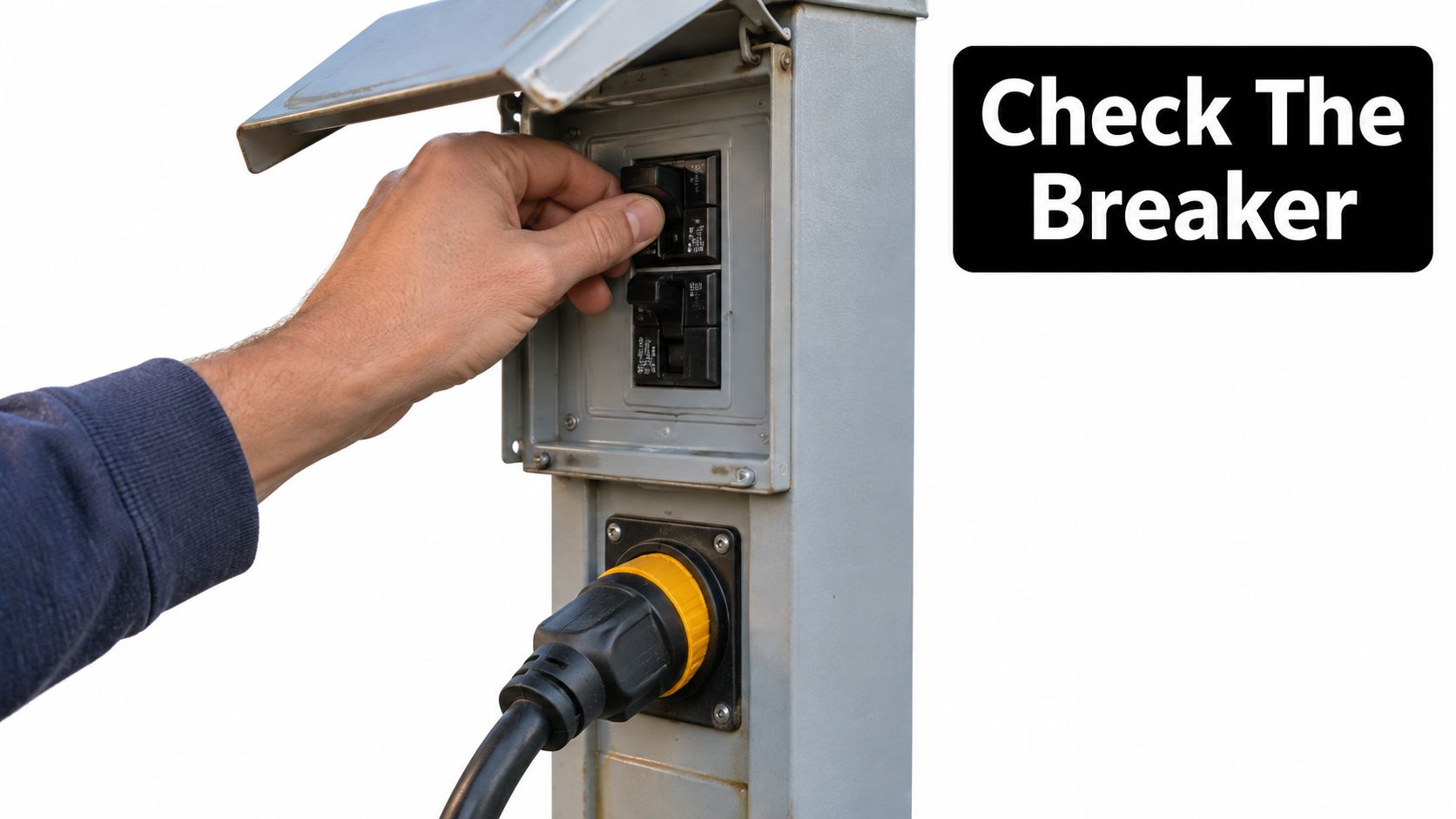 A hand flipping a switch on an outdoor RV pedestal breaker box with a plugged in power cord.