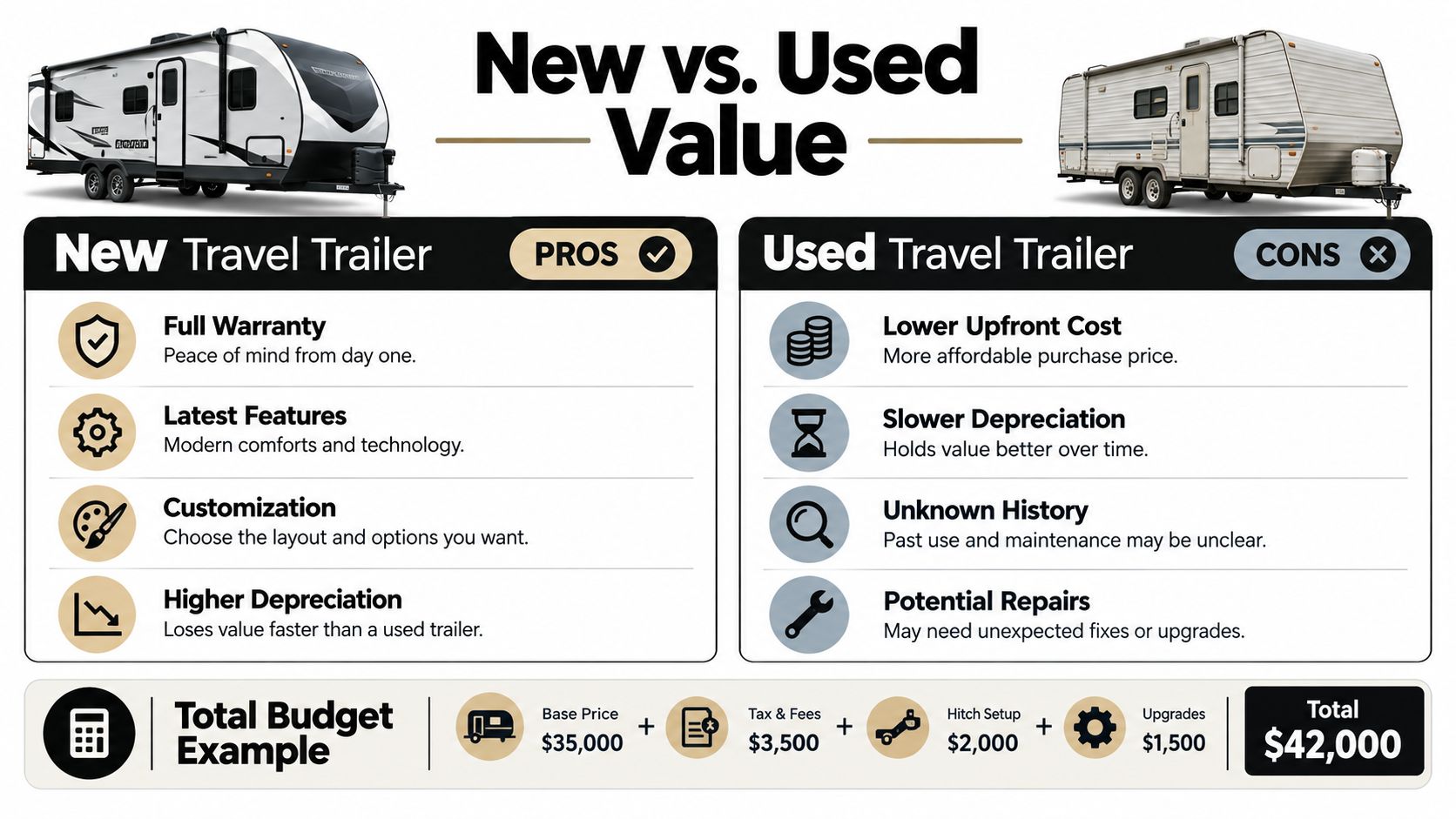 A comparison chart outlining the pros and cons of purchasing a new versus a used travel trailer.