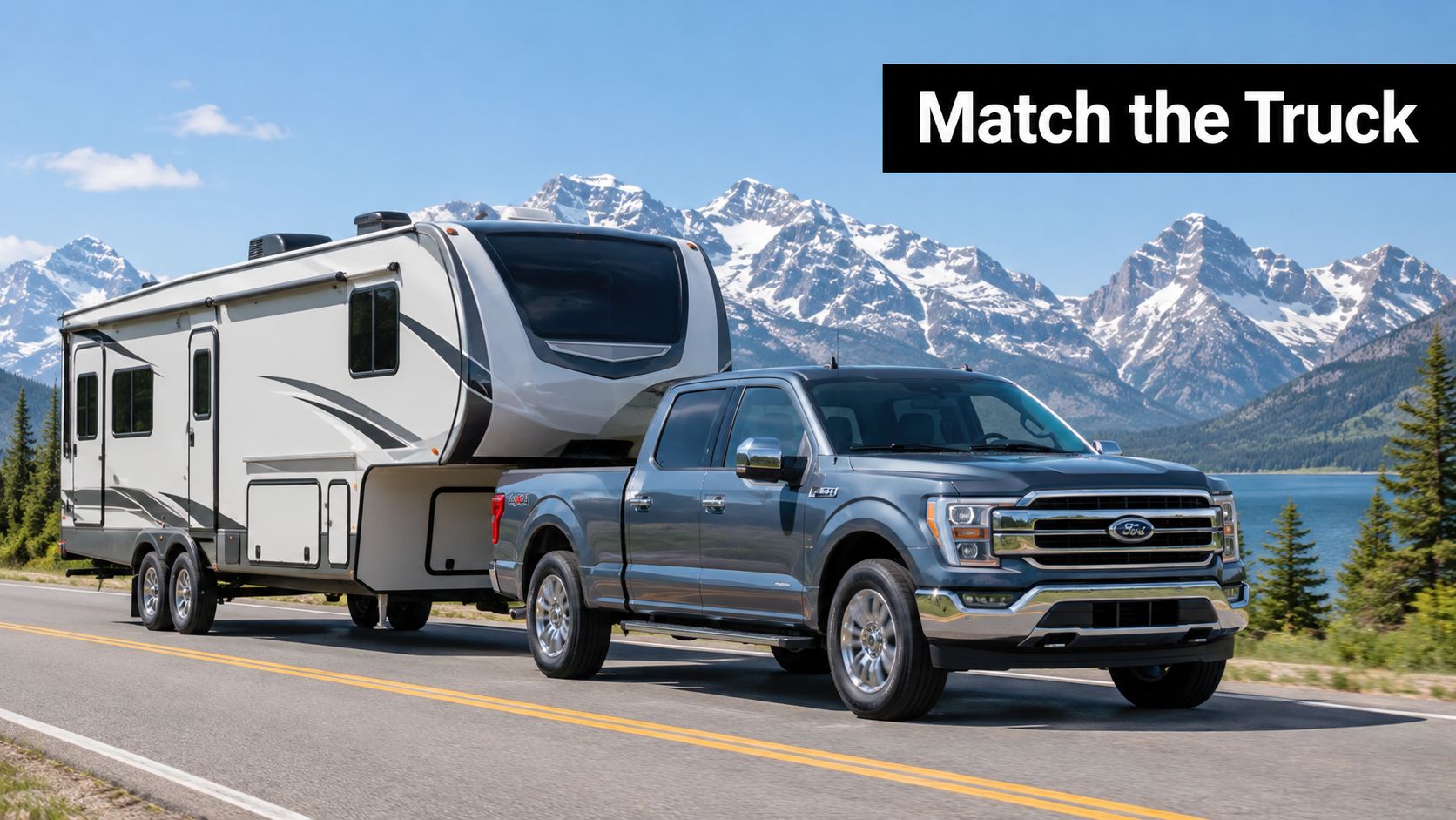 A modern blue Ford F-150 truck towing a large fifth wheel travel trailer on a scenic mountain road.