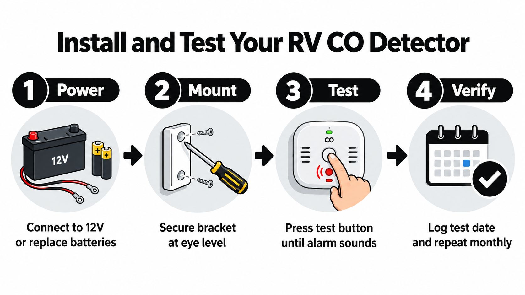 An infographic showing the four-step process to install and test an RV carbon monoxide detector.