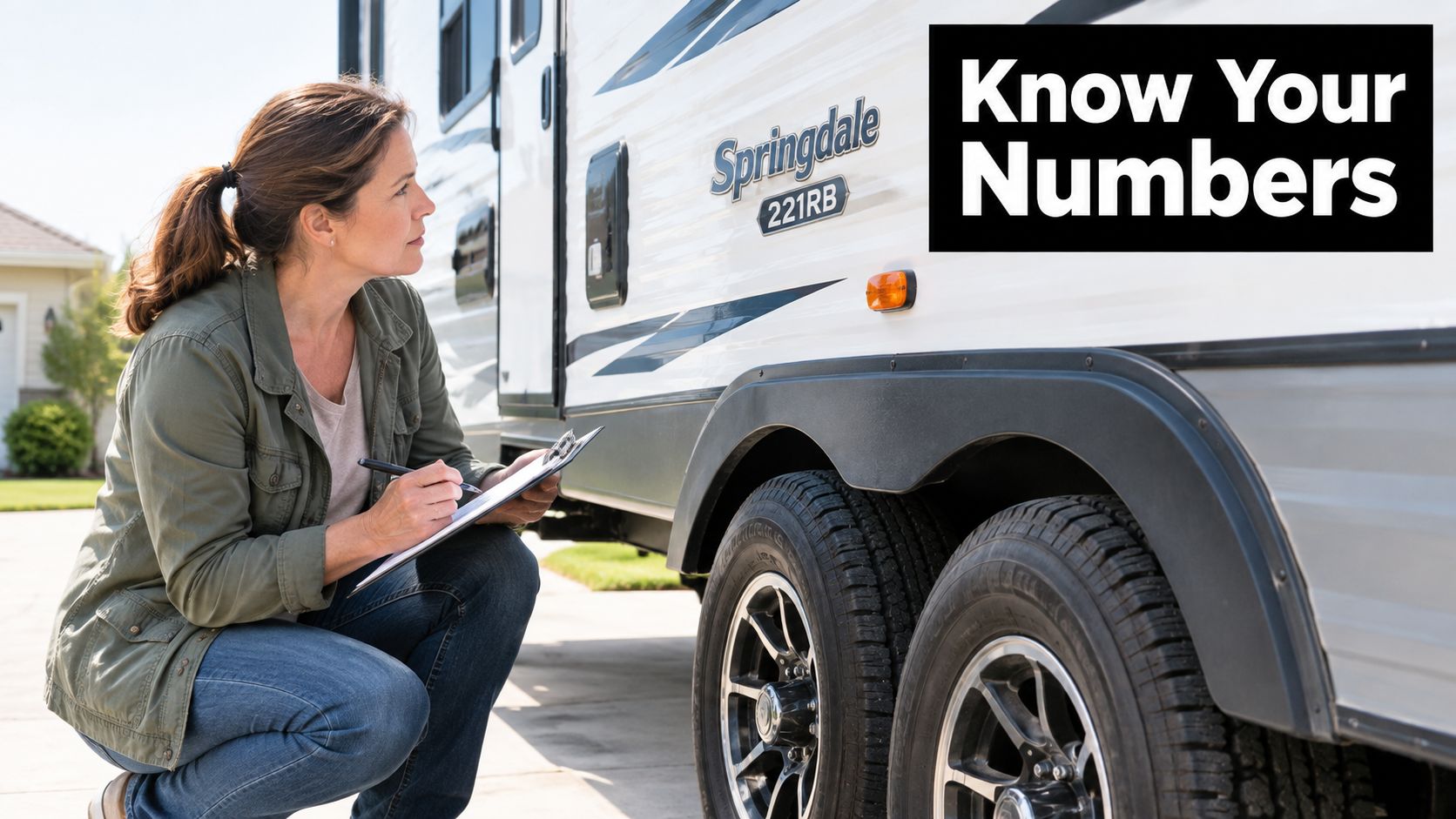 A woman inspecting the wheels of a travel trailer while taking notes on a clipboard.