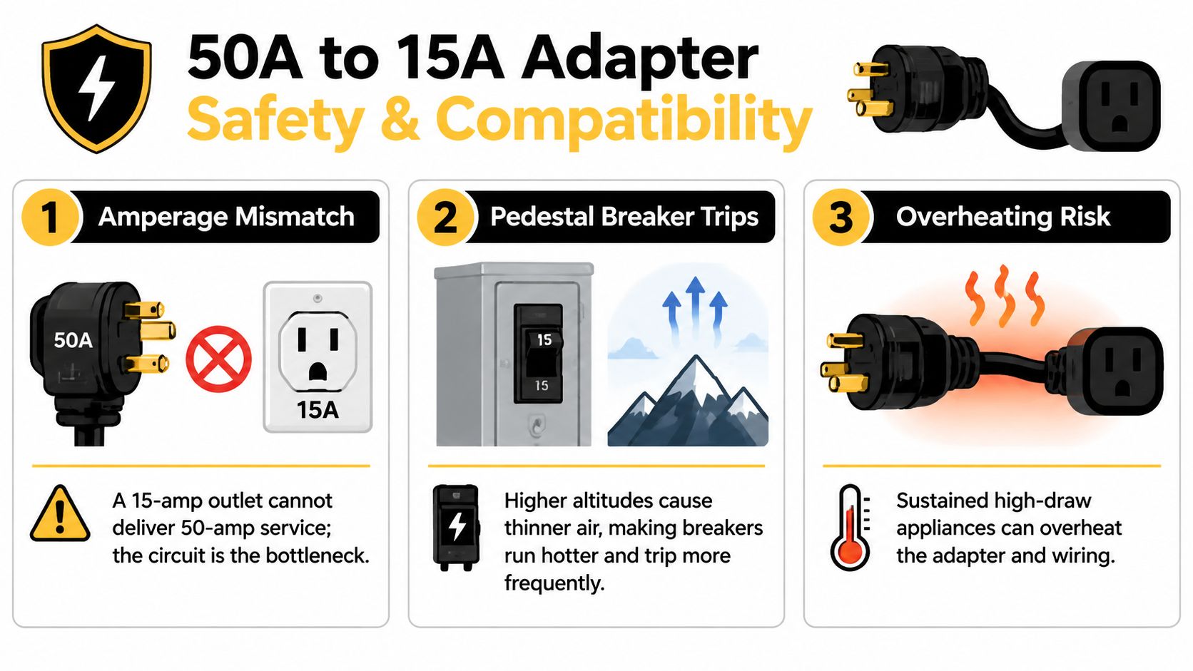 A safety infographic illustrating the risks of using a 50A to 15A electrical adapter for appliances.