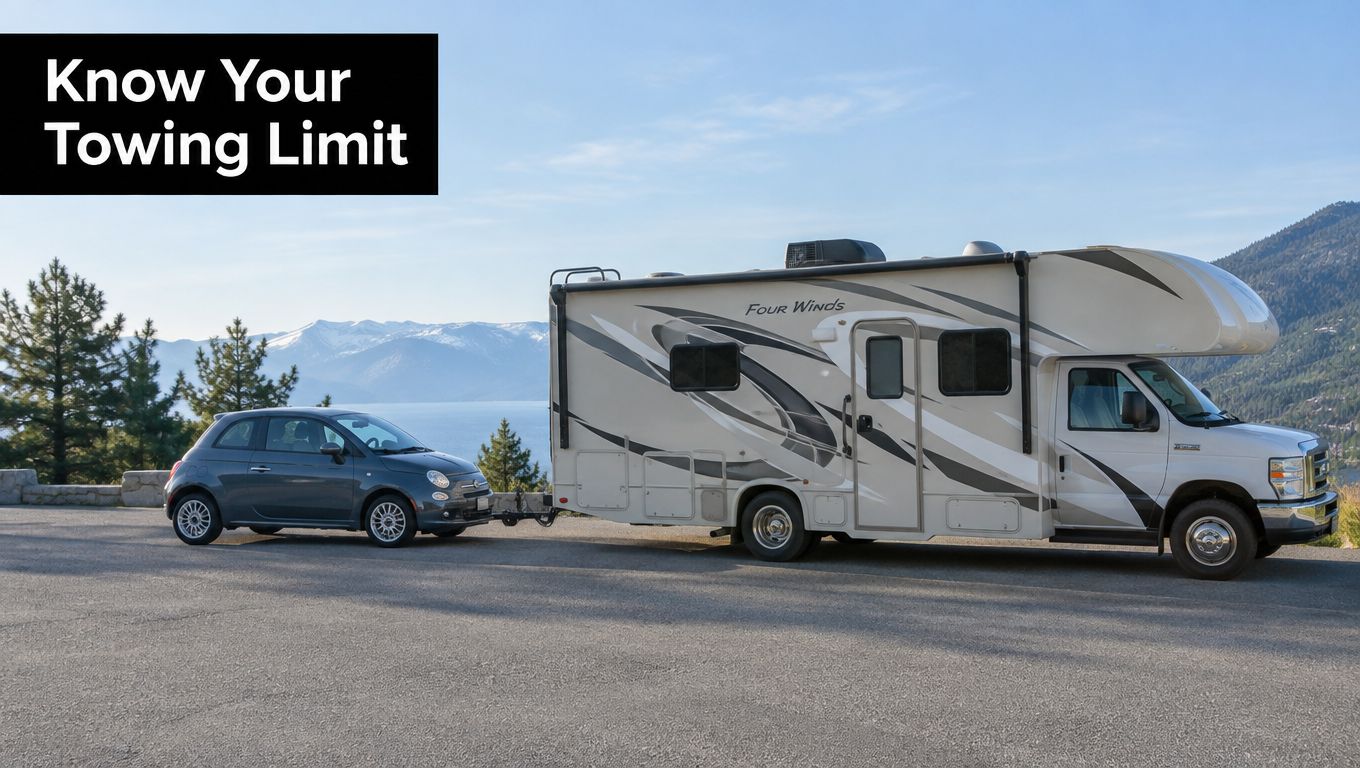 A Class C motorhome parked on a mountain overlook while towing a small grey hatchback car.