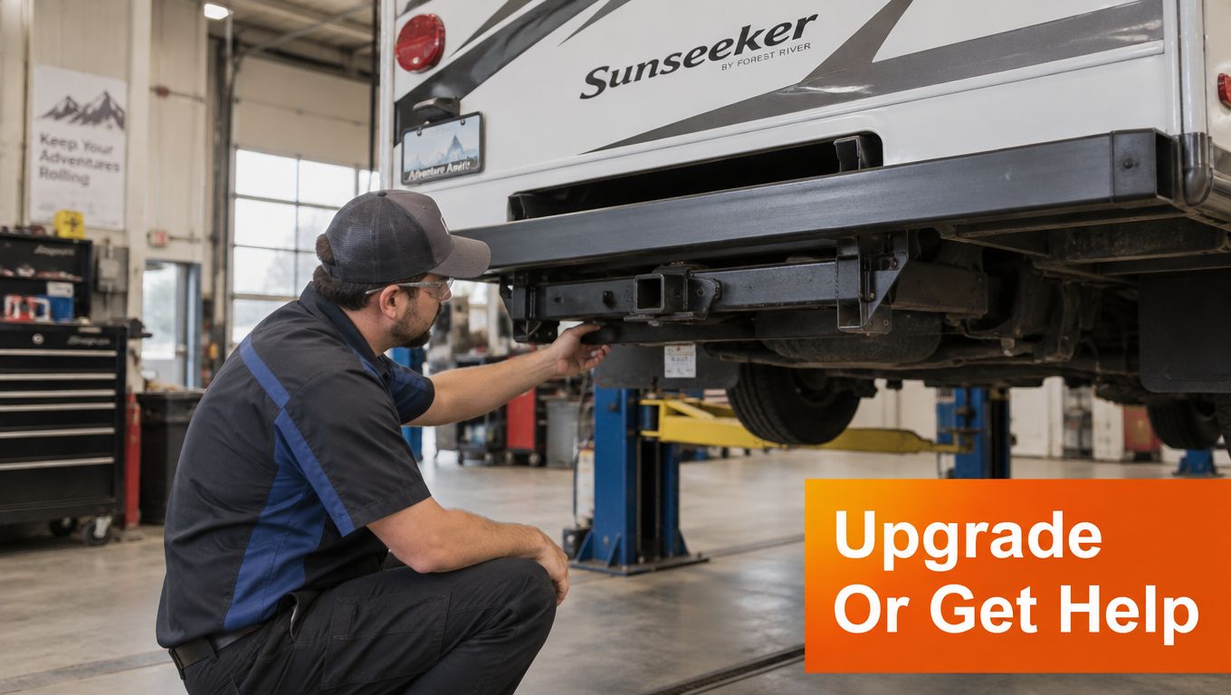 A professional technician inspecting the trailer hitch assembly underneath a Sunseeker Class C motorhome in a garage.