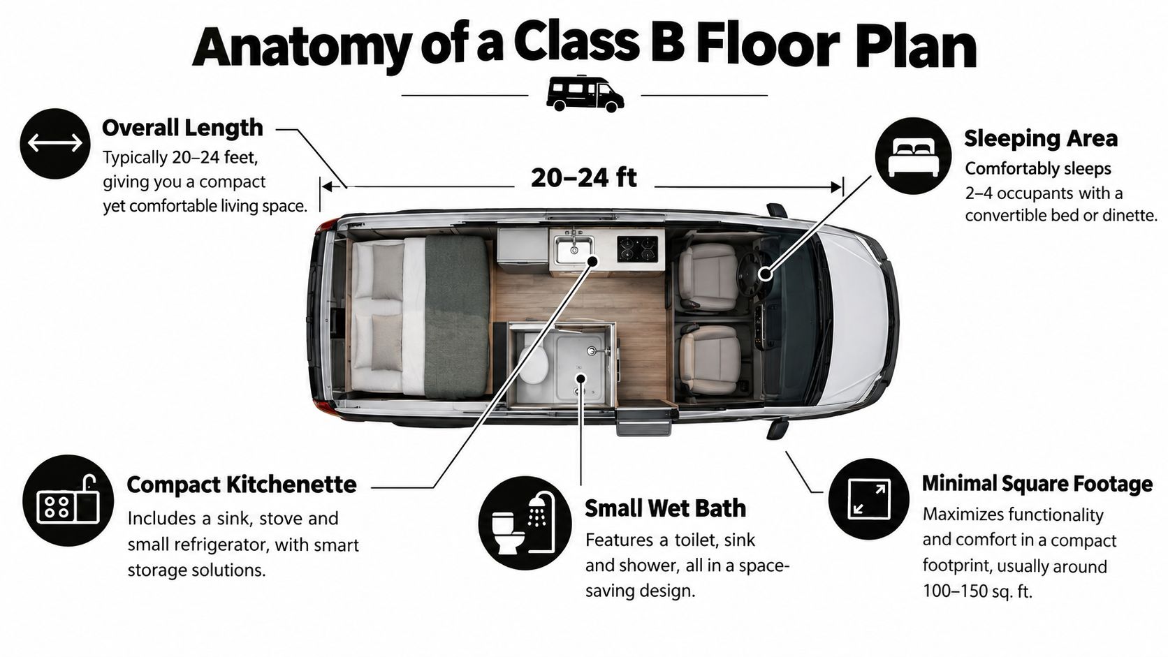 A diagram illustrating the anatomy of a Class B motorhome floor plan highlighting its key functional features.