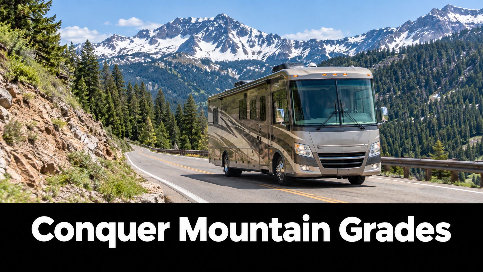 A modern Class A motorhome driving along a scenic mountain road surrounded by pine trees and mountains.