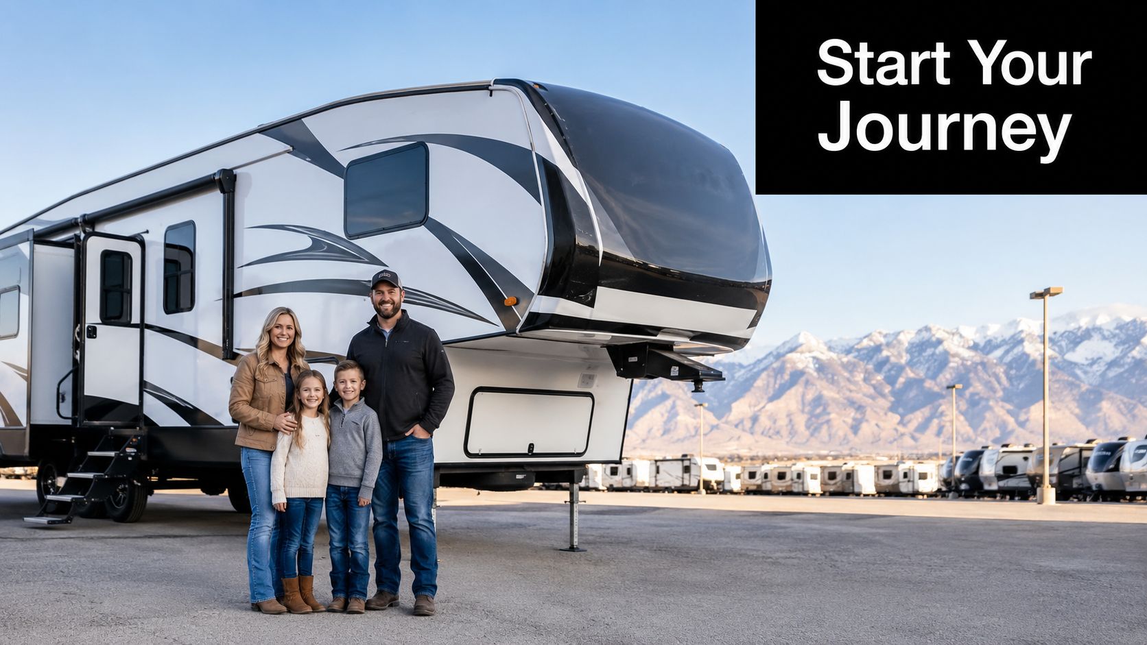 A happy family of four posing in front of a new travel trailer at an RV dealership.