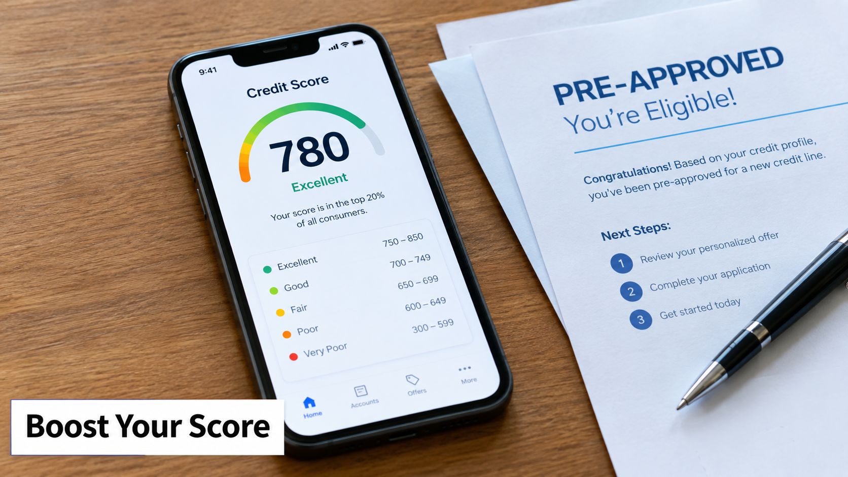 Smartphone displaying an excellent credit score of 780 next to a pre-approved financial offer letter.