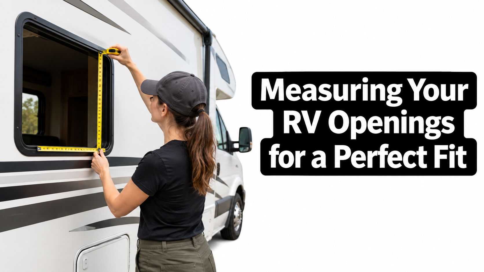 A woman wearing a baseball cap measures an RV window opening using a yellow tape measure outdoors.