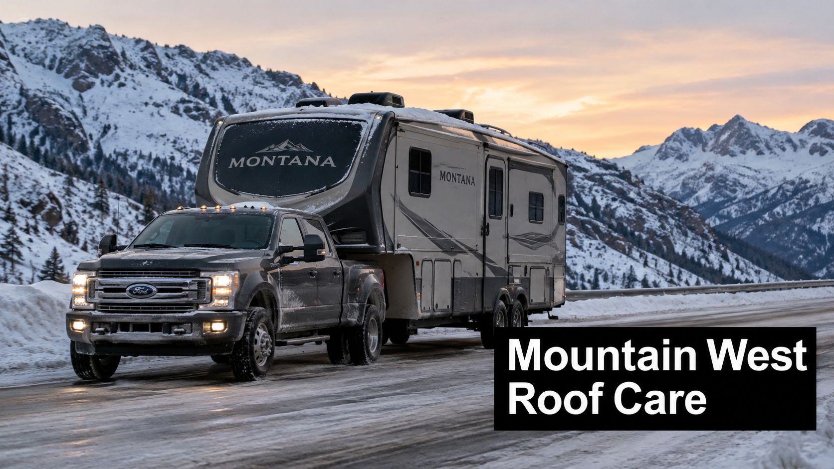 A Ford pickup truck towing a Montana fifth wheel trailer on a snow-covered mountain road at sunset.