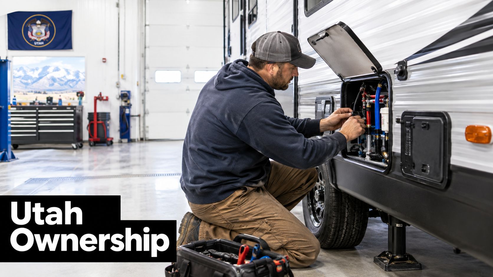A technician kneeling and performing maintenance on the water utility panel of a recreational vehicle indoors.