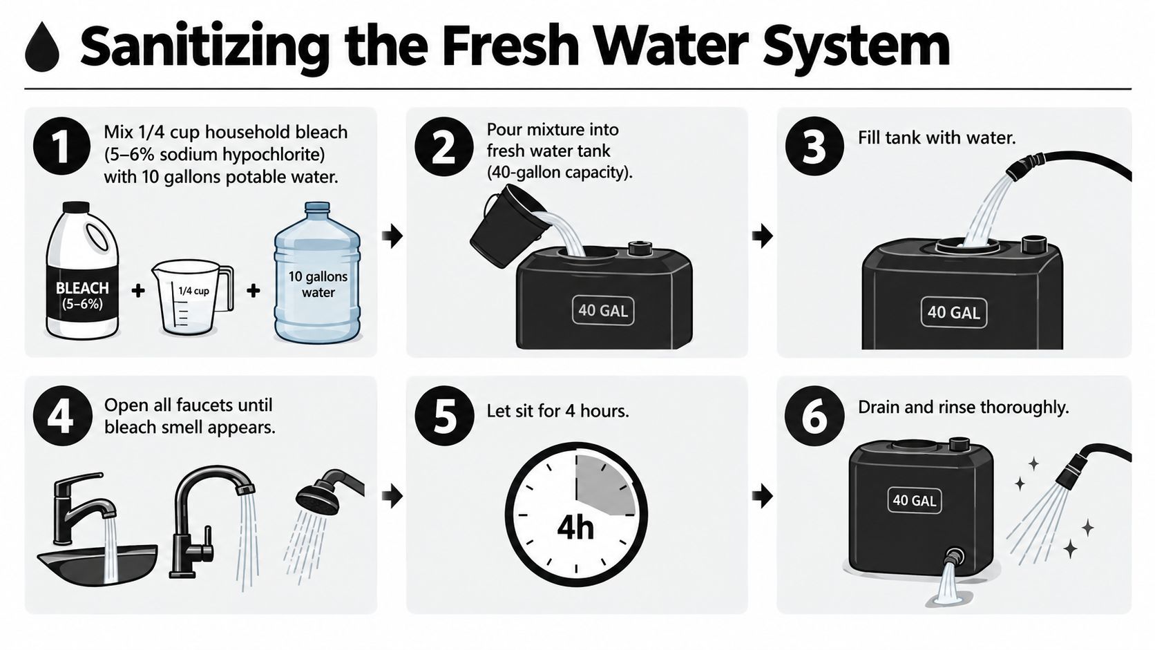 An instructional infographic detailing the six-step process for sanitizing an RV fresh water system with bleach.