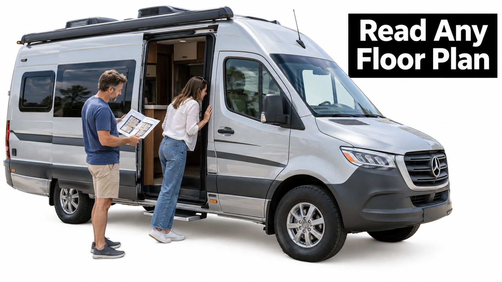 A couple reviews floor plan documents before entering their new silver Mercedes-Benz Class B motorhome.