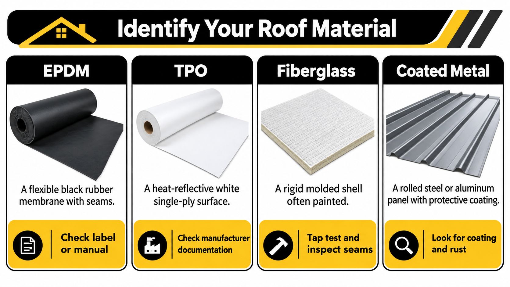 A visual guide identifying four common travel trailer roof materials: EPDM, TPO, Fiberglass, and Coated Metal.