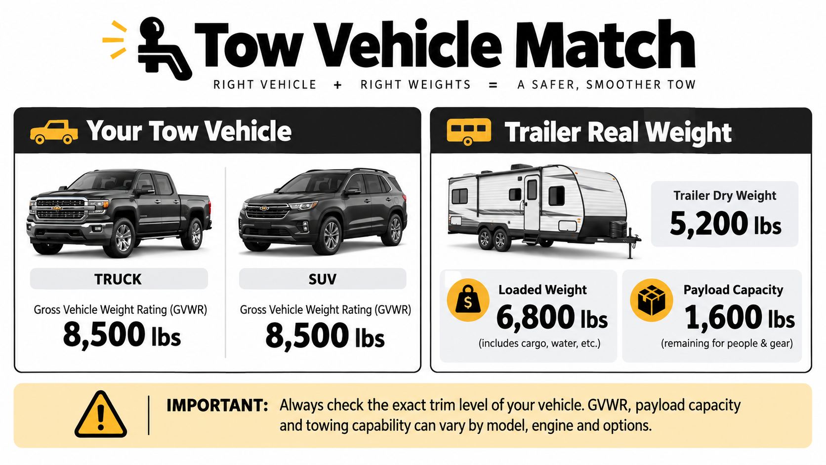 An infographic titled Tow Vehicle Match showing how to compare truck and SUV towing capacity with trailer weights.