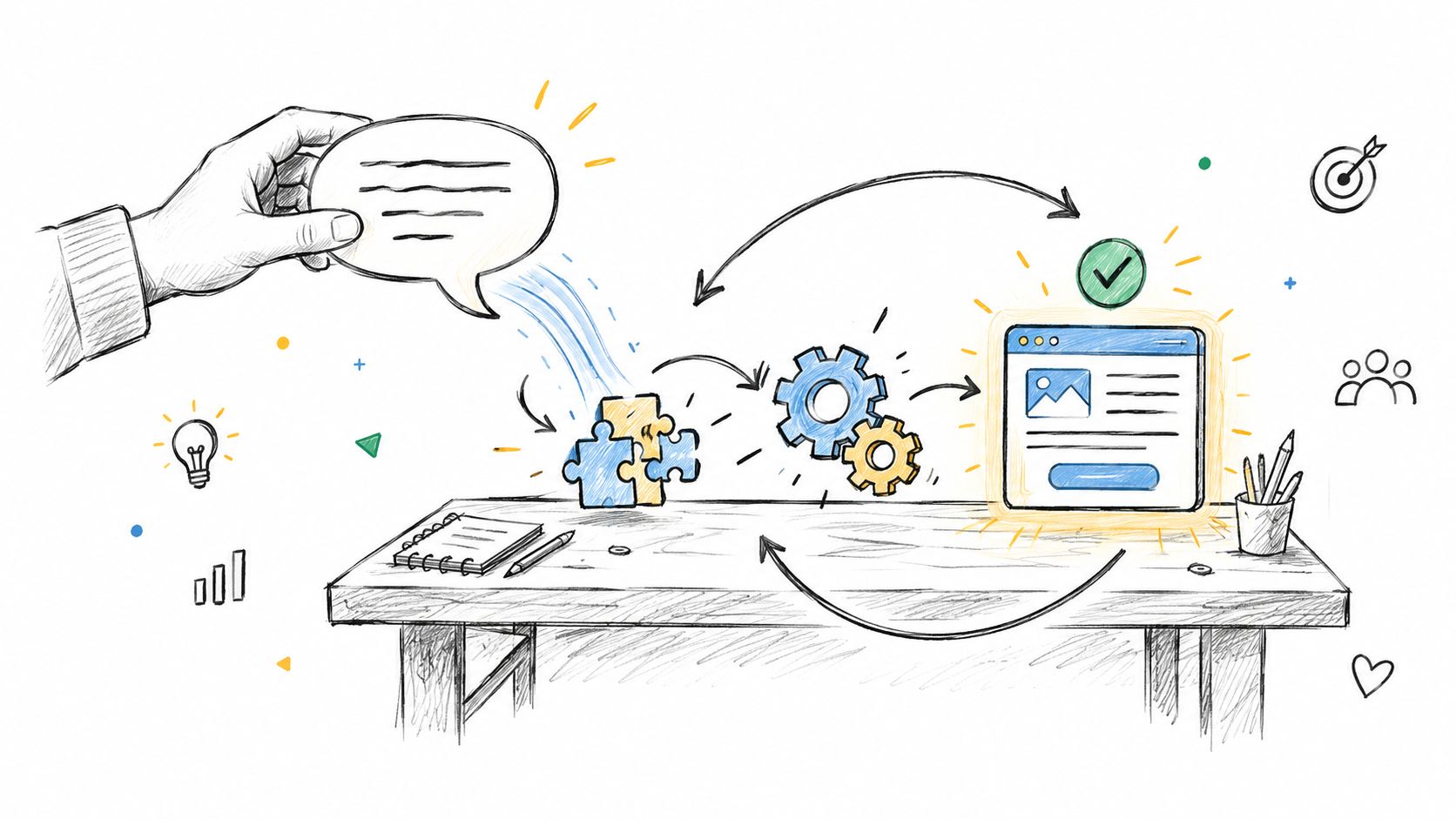 A hand holding a speech bubble feeding ideas into puzzle pieces that transform into a functional website application.