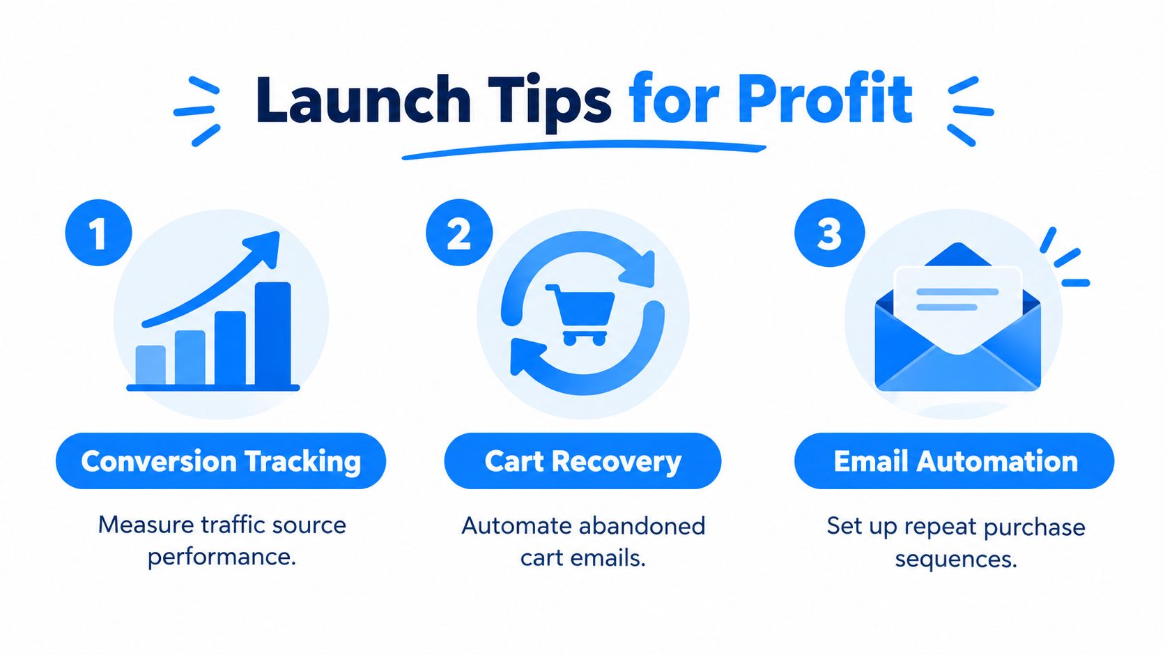 A graphic featuring three essential business tips for increasing profits through website optimization and marketing automation.